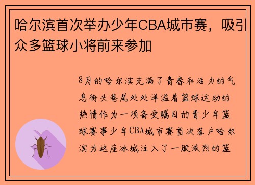 哈尔滨首次举办少年CBA城市赛，吸引众多篮球小将前来参加